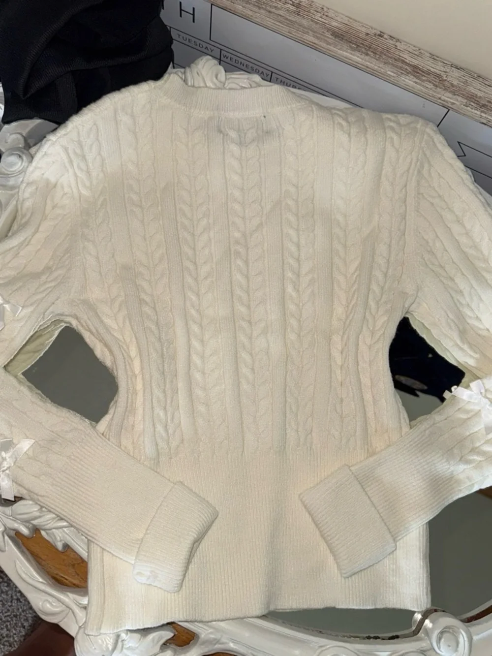 Ardene Cream Cable Knit Crewneck Sweater with Satin Bows